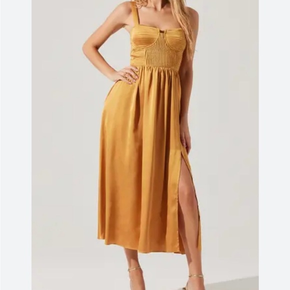 Astr Dresses & Skirts - NWT ASTR The Label Pleated Bustier Midi Party Dress Gold XS Satin Slip Style